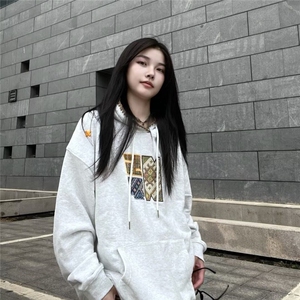 美式复古灰色设计感连帽套头卫衣男女春秋潮牌小众百搭慵懒风上衣图片