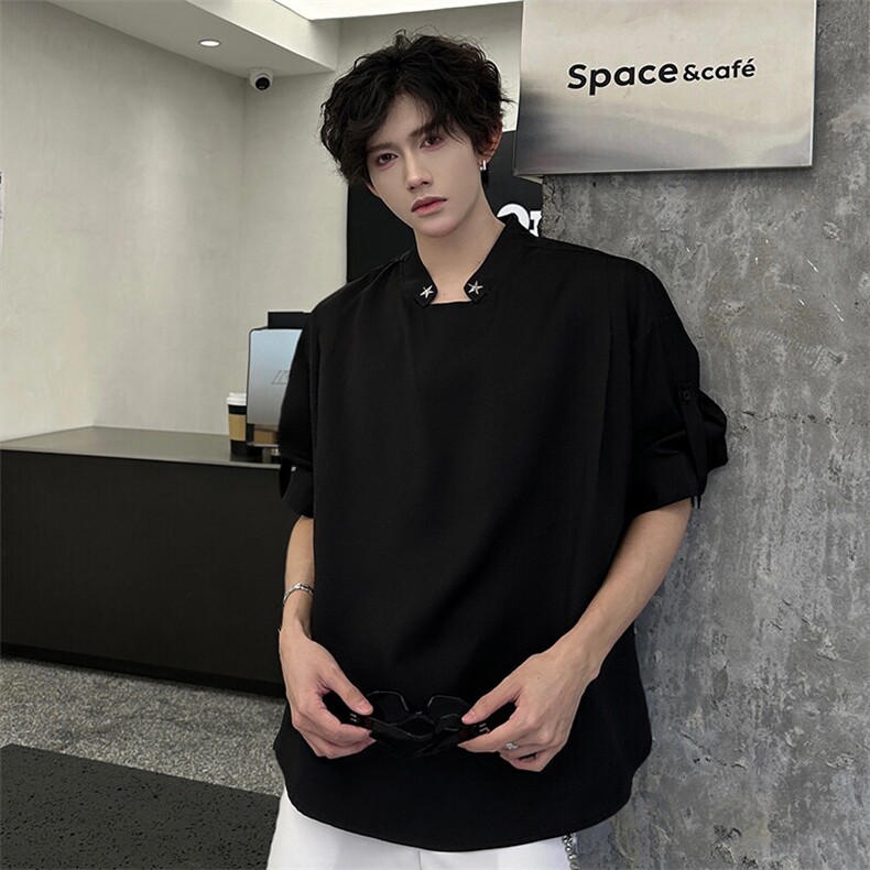 夏季高品质星星装饰不规则立领衬衫打底简约时尚打底衬衫T恤P40,男装衬衫,电商B319
