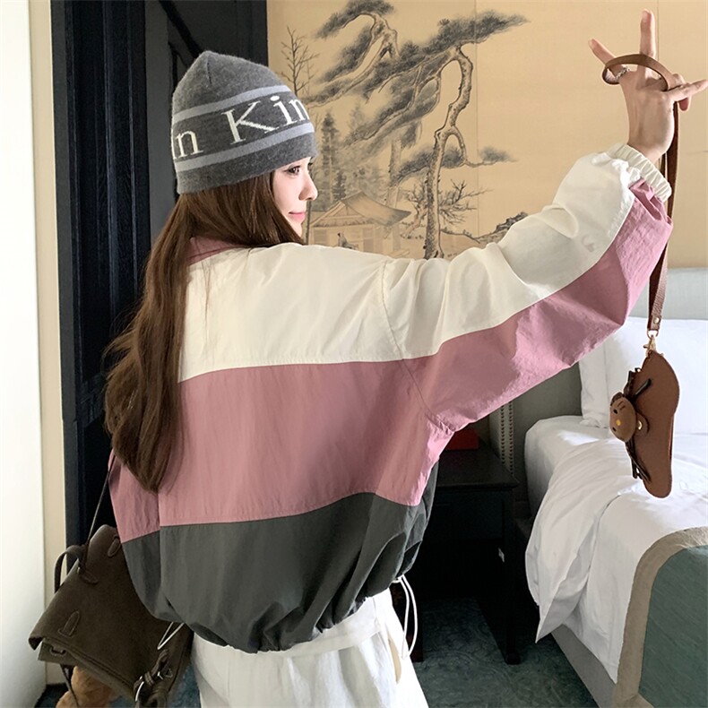 撞色拼接冲锋衣外套女2025春秋新款韩系学院风宽松休闲小个子夹克,女装短外套,浙宝276（原081）