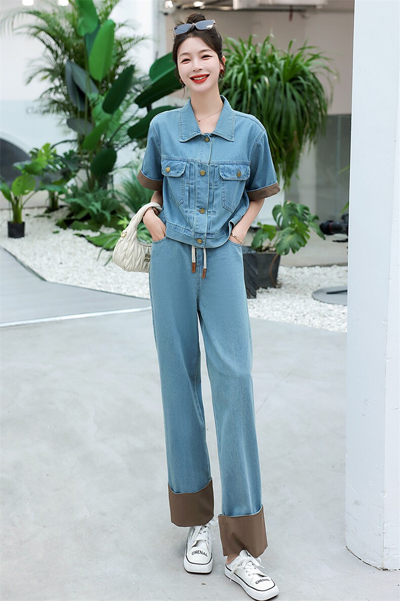 2023夏装新款洋气时尚修身松紧腰牛仔套装撞色甜酷两件套,女装套装/套裙,冬木谷雨