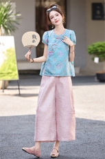 新中式国风套装女夏高级感复古提花改良旗袍阔腿裤时尚洋气两件套，女装套装/套裙，玖莱伊