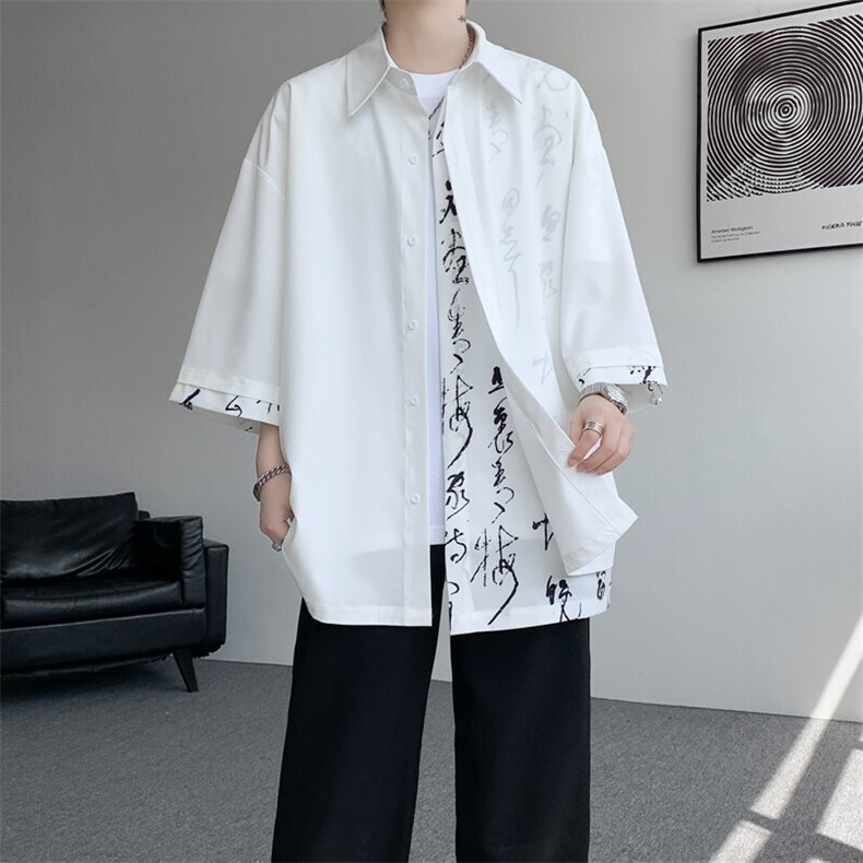 假两件短袖衬衫新中式风设计衬衣大码垂感冰丝外套DC1705特P35,男装衬衫,电商B238