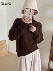 时尚百搭女士秋冬羊毛衫纯色简约高领长袖显瘦针织衫，女装羊毛衫，牧思羊