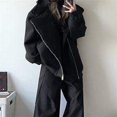 抖音得物品质26春装美式重磅结构斜拉链高领连帽卫衣开衫外套W61，女装短外套，电商A486-1