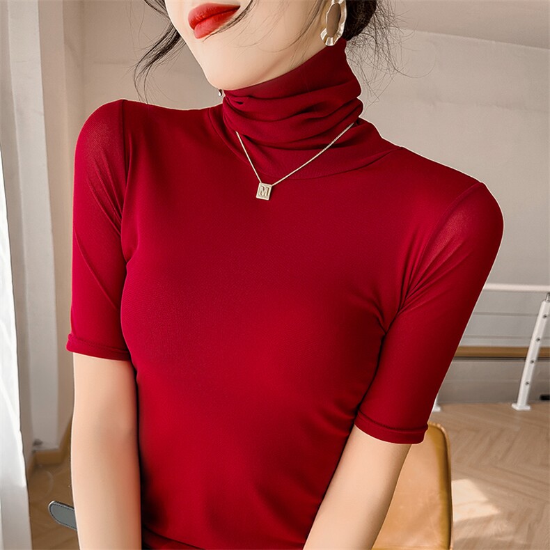 黑色网纱高领短袖t恤女夏季冰丝修身显瘦内搭打底衫薄,女装T恤,温伦斯特羊绒