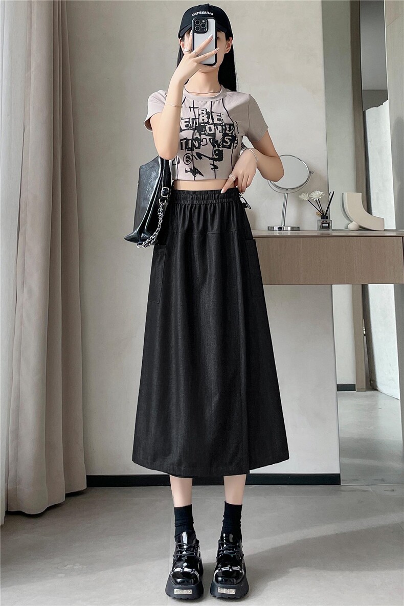 夏季新款莱赛尔仿牛仔半身裙裤清凉透气户外长款A字伞裙,女装半身裙,梦白服饰厂