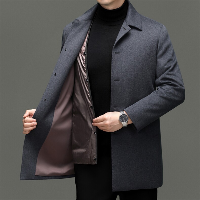 高端新款中年山羊绒白鹅绒内胆大衣男中老年绵羊毛山羊绒外套大衣，男装毛呢大衣，钱塘723