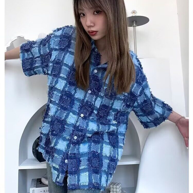 C93-P38格子美式半袖高街衬衫香风流苏高级痞帅衬衣休闲宽松,男装T恤,电商B323A