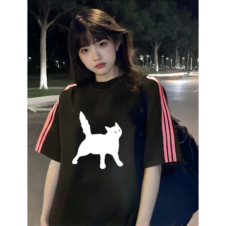 抖音得物品质二开240克宽松纯棉美式潮牌印花三条杠中性风短袖T恤,男装T恤,电商A486-1