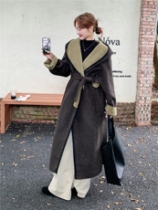 兜帽系带拼色双面羊毛呢大衣--2B72--8621--P245--K328，女装双面呢大衣，乐吉娜