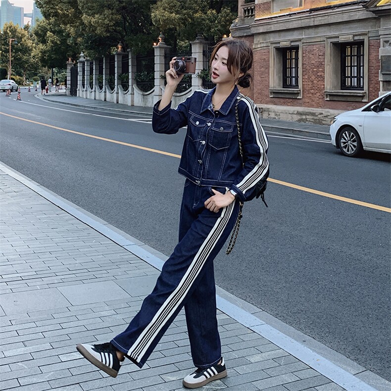 时尚牛仔套装女春秋季2025设计感短外套搭配阔腿裤气质休闲两件套,女装套装/套裙,艾仟回(原伊仟回)