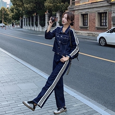 时尚牛仔套装女春秋季2025设计感短外套搭配阔腿裤气质休闲两件套，女装套装/套裙，艾仟回(原伊仟回)