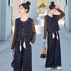 2025新韩版简约长袖衬衫马甲阔腿裤三件套女宽松显瘦休闲高级感潮，女装套装/套裙，悠米