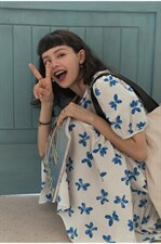 蓝白色碎花长款连衣裙，女装连衣裙，喜午