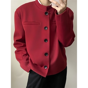 秋季复古酒红色雅痞垫肩小立领短款西服外套男毛呢外套 XW74图片