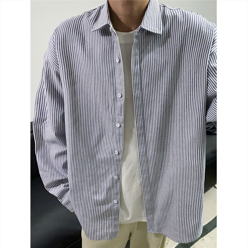 美式黑白条长袖衬衫加厚版本C5889-特P28蓝,男装衬衫,电商A094