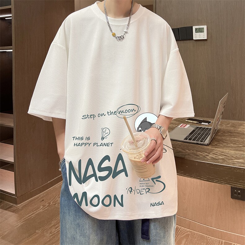 NASA联名同款华夫格t恤男短袖男大码五分袖 酒店风 HT73187-P22图片