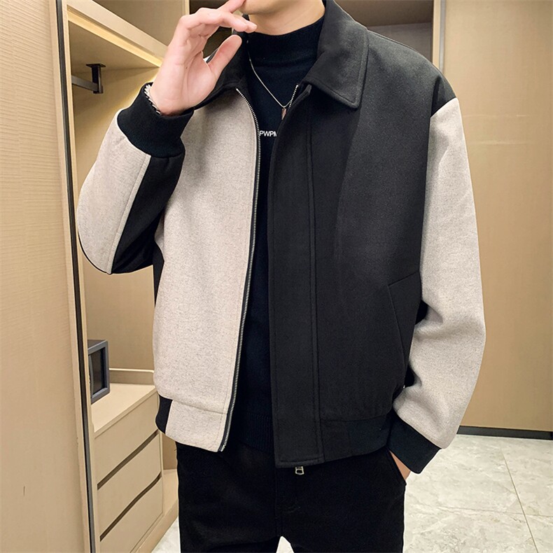 新款呢子大衣秋冬妮子毛呢拼色宽松夹克外套A236-JK-3058-特P100,男装夹克,电商A236