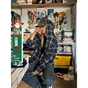 美式复古连帽蓝色格子衬衫男春夏长袖设计感痞帅衬衣外套CC83图片