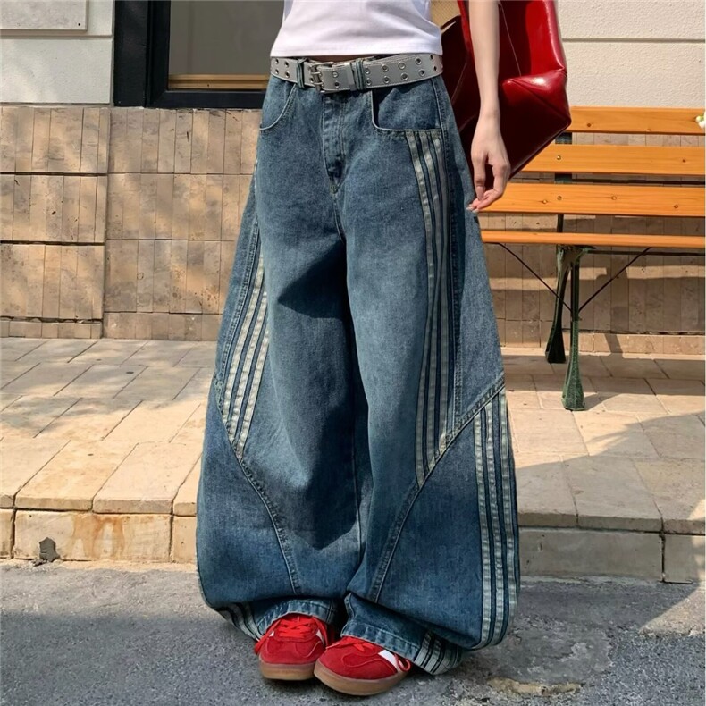 V199-P65复古水洗解构弯刀牛仔裤高街条纹拼接显瘦休闲阔腿裤子，男装牛仔裤，星座911-1