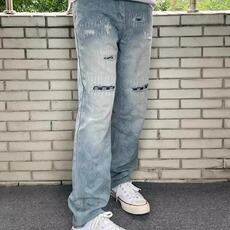 欧美高街复古牛仔裤男女破洞补丁小众设计感显瘦炸街裤XA445，男装牛仔裤，星座208-5