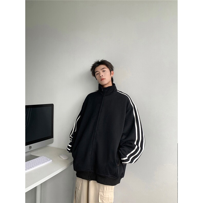 美式复古白花灰色条纹卫衣男款立领外套潮牌高级感痞帅开衫夹克,男装夹克,星座1210-1