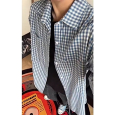 慵懒风蓝色格子衬衫男款春夏季复古格纹衬衣cleanfit外套C58，男装衬衫，星座1116A（原606A-3）