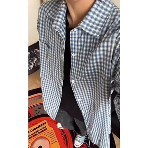 慵懒风蓝色格子衬衫男款春夏季复古格纹衬衣cleanfit外套 C58图片