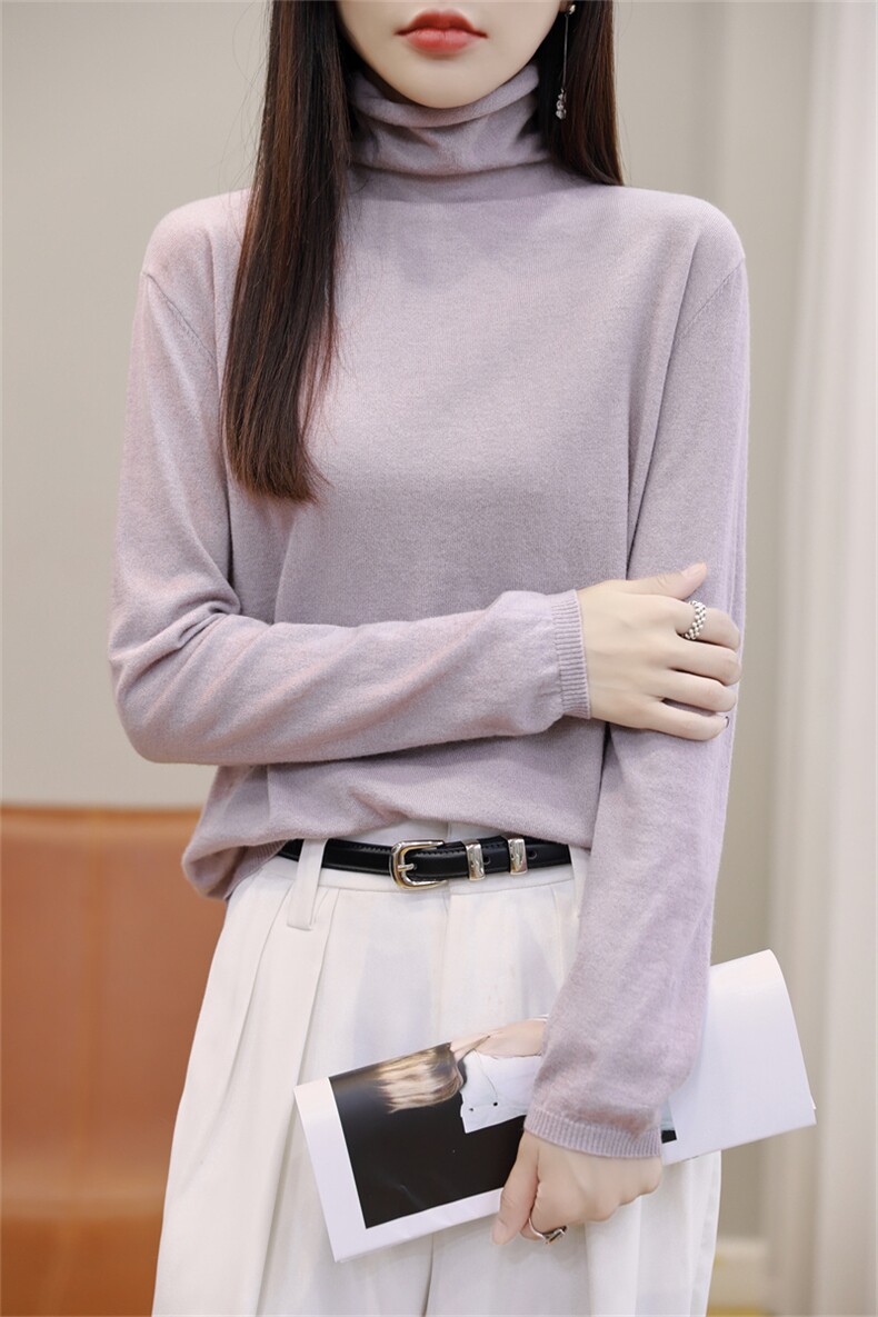 秋冬季10%羊绒90%羊毛休闲时尚百搭50支平面堆堆领羊绒衫,女装羊绒衫,朝思羊绒