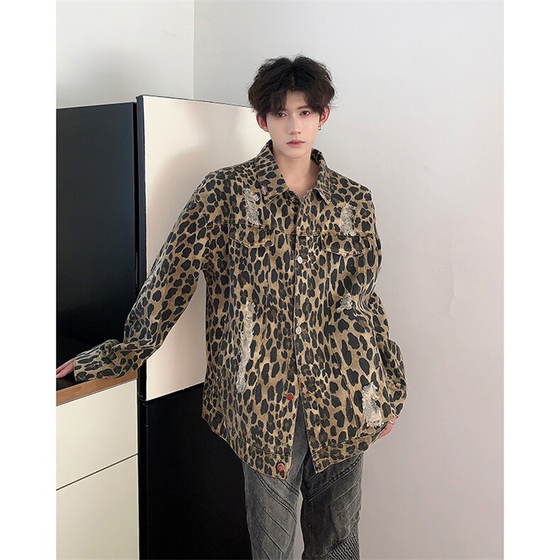 欧美式潮牌豹纹破洞牛仔外套男春秋季痞帅小众宽松休闲翻领夹克衫，男装工装外套，星座505-2（原电商A260-1)