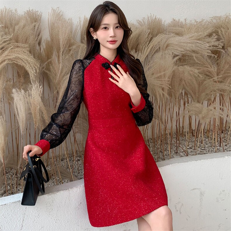 春季新款优雅气质盘扣收腰连衣裙黑色蕾丝长袖显瘦修身礼服裙，女装连衣裙，超帛