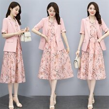 2023夏季新款简约时尚休闲西装外套+圆领花色连衣裙两件套，女装套装/套裙，然然