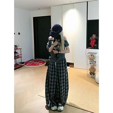 A8048-P46慵懒风格子裤女夏季2025新款小个子高腰格纹阔腿裤，男装休闲裤，电商B323A