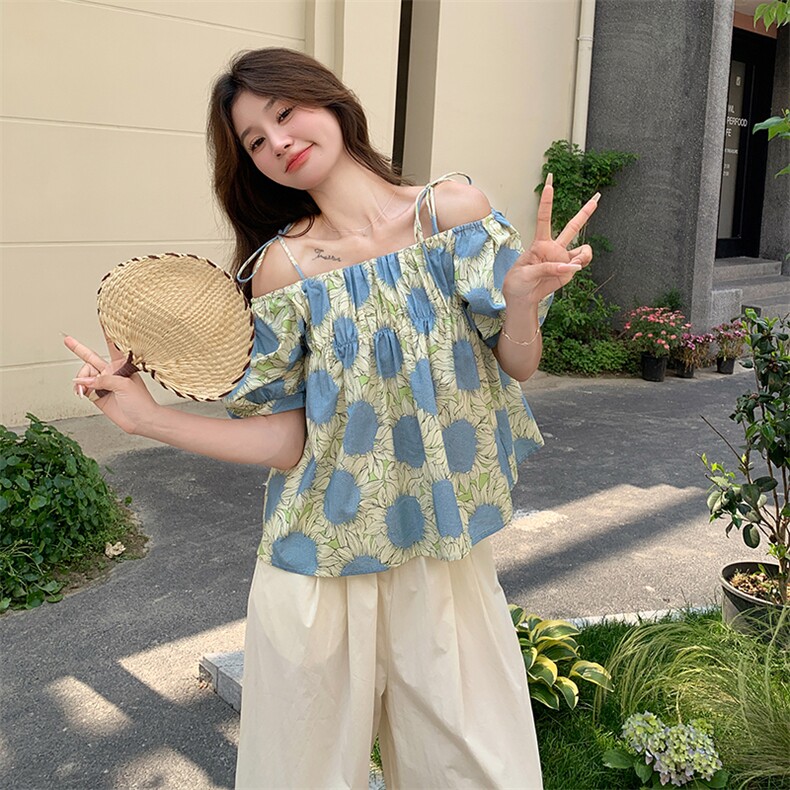 小个子法式茶歇印花一字肩上衣套装女夏新款休闲舒适阔腿裤两件套,女装套装/套裙,维壹