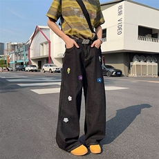 黑色趣味刺绣牛仔裤男设计感美式vibe裤子高腰直筒宽松阔腿裤，男装牛仔裤，星座601-1