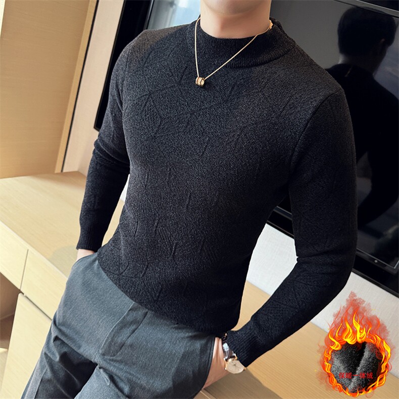 一体绒加厚针织衫 暗花修身半高领长袖毛衣针织打底衫男96001-p68图片