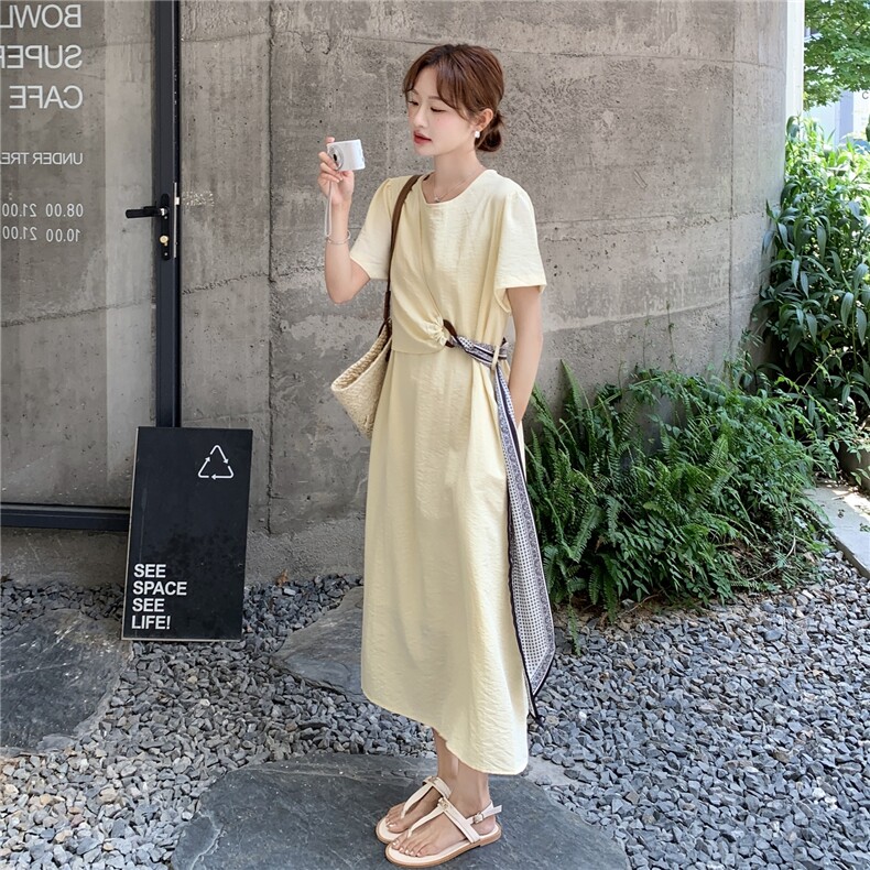 浅黄色韩系圆领系带收腰连衣裙女2025夏季新款温柔风气质显瘦长裙,女装连衣裙,2C201