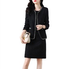 小香风套装连衣裙女2024冬装新款高端毛呢外套遮肚显瘦两件套裙子，女装套装/套裙，罗得堡