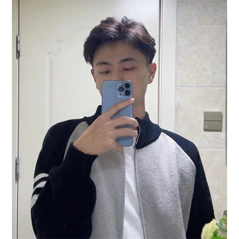 重磅秋冬北极绒开衫毛衣美式复古休闲慵懒风撞色立领针织衫外套,男装针织衫/毛衣,电商A486