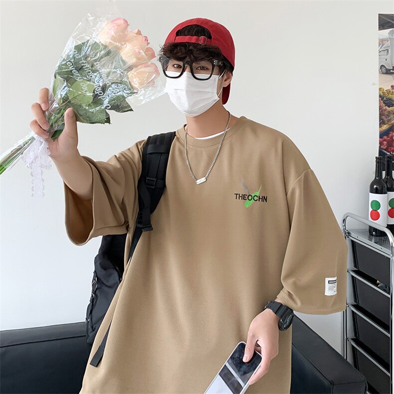 翻拍冰丝T恤2025夏装日系羽毛刺绣七分袖短袖T恤男加肥加大码,男装T恤,星座909-2（原星座717-2）