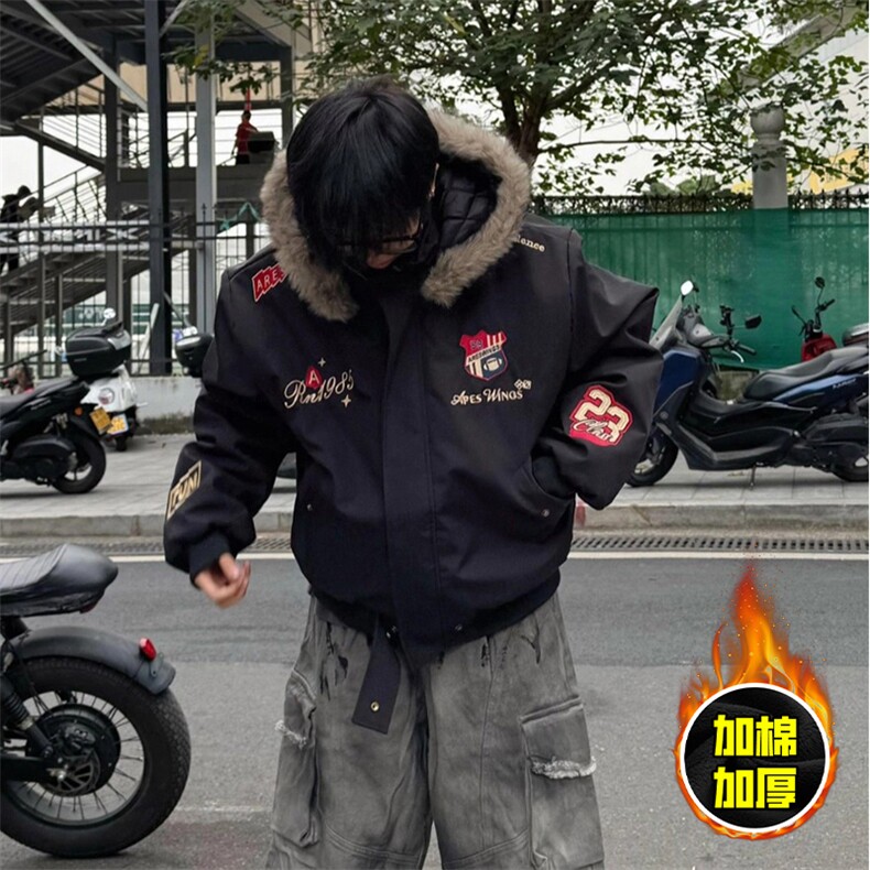 现货高品质美式高街重磅刺绣座山雕大毛毛领棉衣男女加厚棉服外套,男装棉衣,电商A443