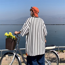 2023港风文艺条纹短袖男夏季宽松潮流五分袖T恤复古百搭，男装T恤，星座716-4