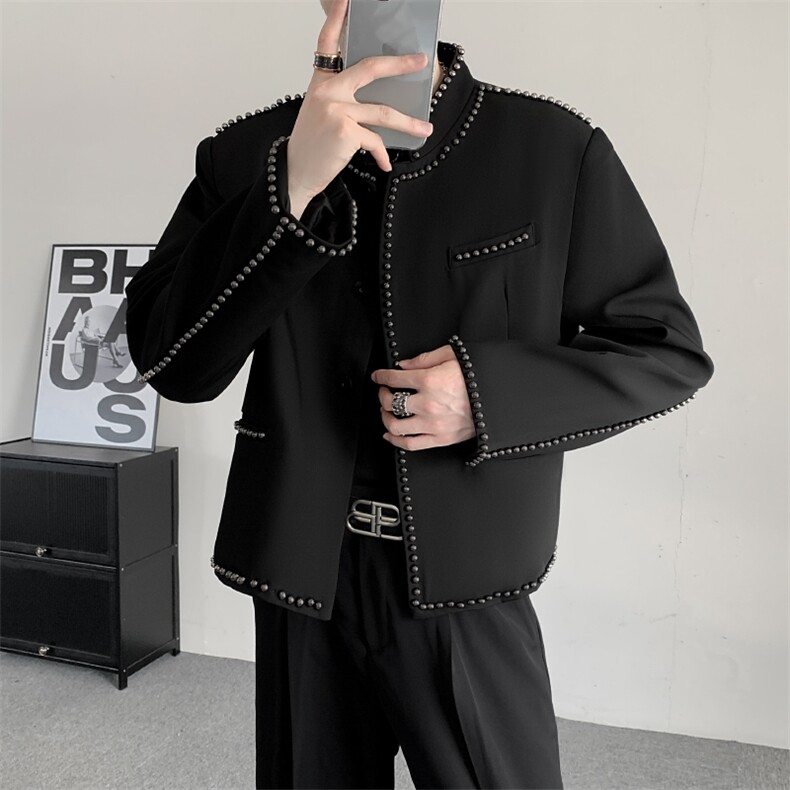 24秋冬王嘉尔明星同款短款西服外套男士立领柳丁设计重工西装夹克,男装夹克,星座909