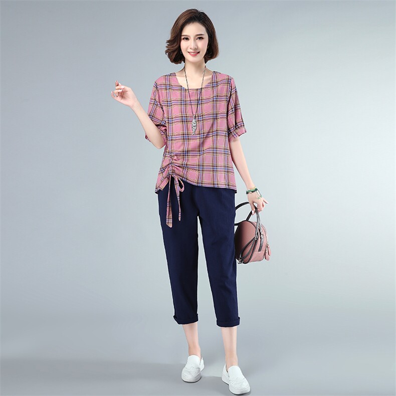 套装/套裙2021年夏季时尚圆领格子休闲裤插袋两件套,女装套装/套裙,独衣靓