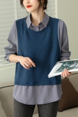 时尚气质假两件拼接长袖衬衫女宽松显瘦百搭上衣，女装衬衫，依恋蒂丝