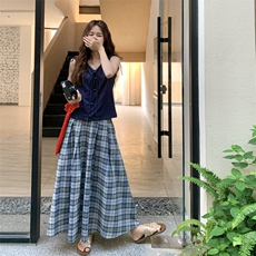 韩系休闲套装女夏2025新款V领衬衫格纹半身裙两件套减龄文艺穿搭，女装套装/套裙，2D045