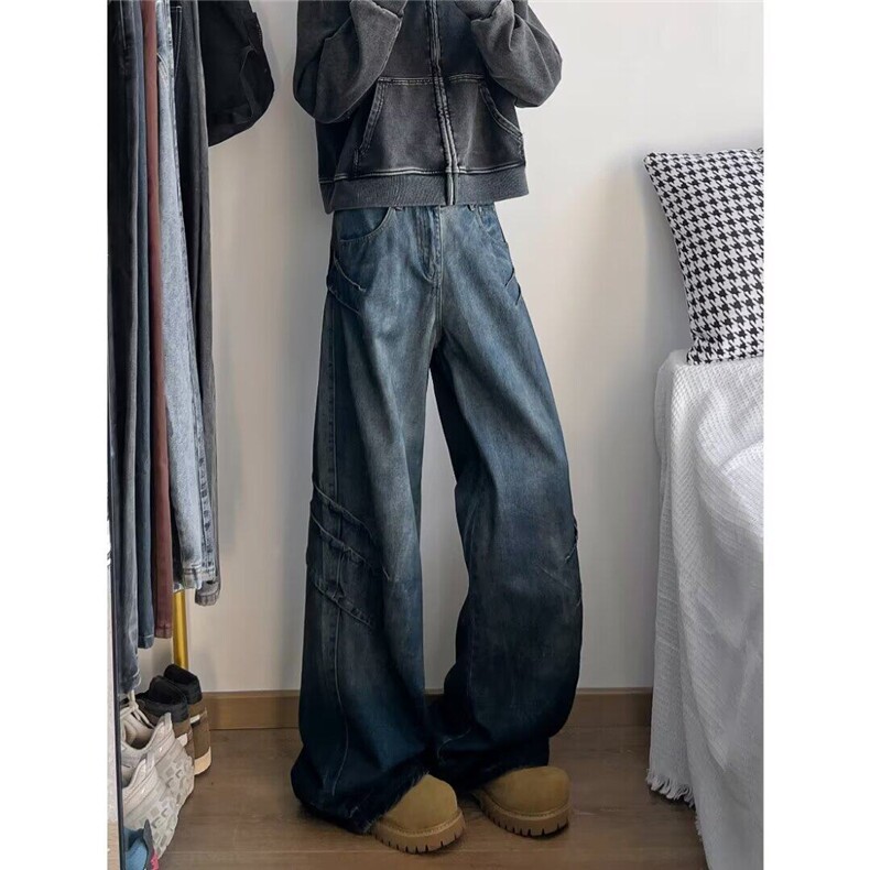 美式抓痕脏洗牛仔裤潮牌炸街痞帅宽松直筒阔腿拖地裤子RK2375-P61，男装牛仔裤，星座412-2