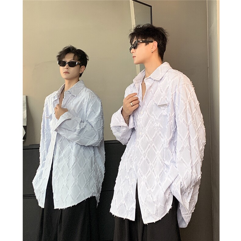 2025春秋季浅蓝色菱格磨毛长袖衬衫设计小众宽松衬衫CS90-P58,男装衬衫,电商C307