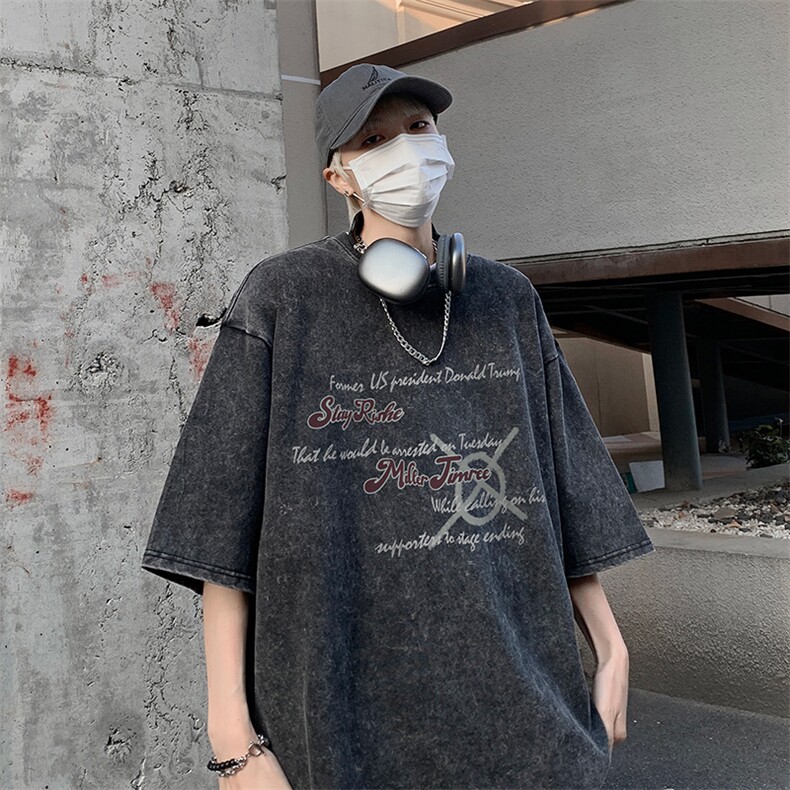 B239-1082-P38 美式做旧 水洗 字母 短袖宽松T恤男图片