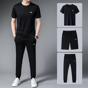 中年运动服三件套夏季男装冰丝薄款短袖长裤套装时尚休闲三件套图片